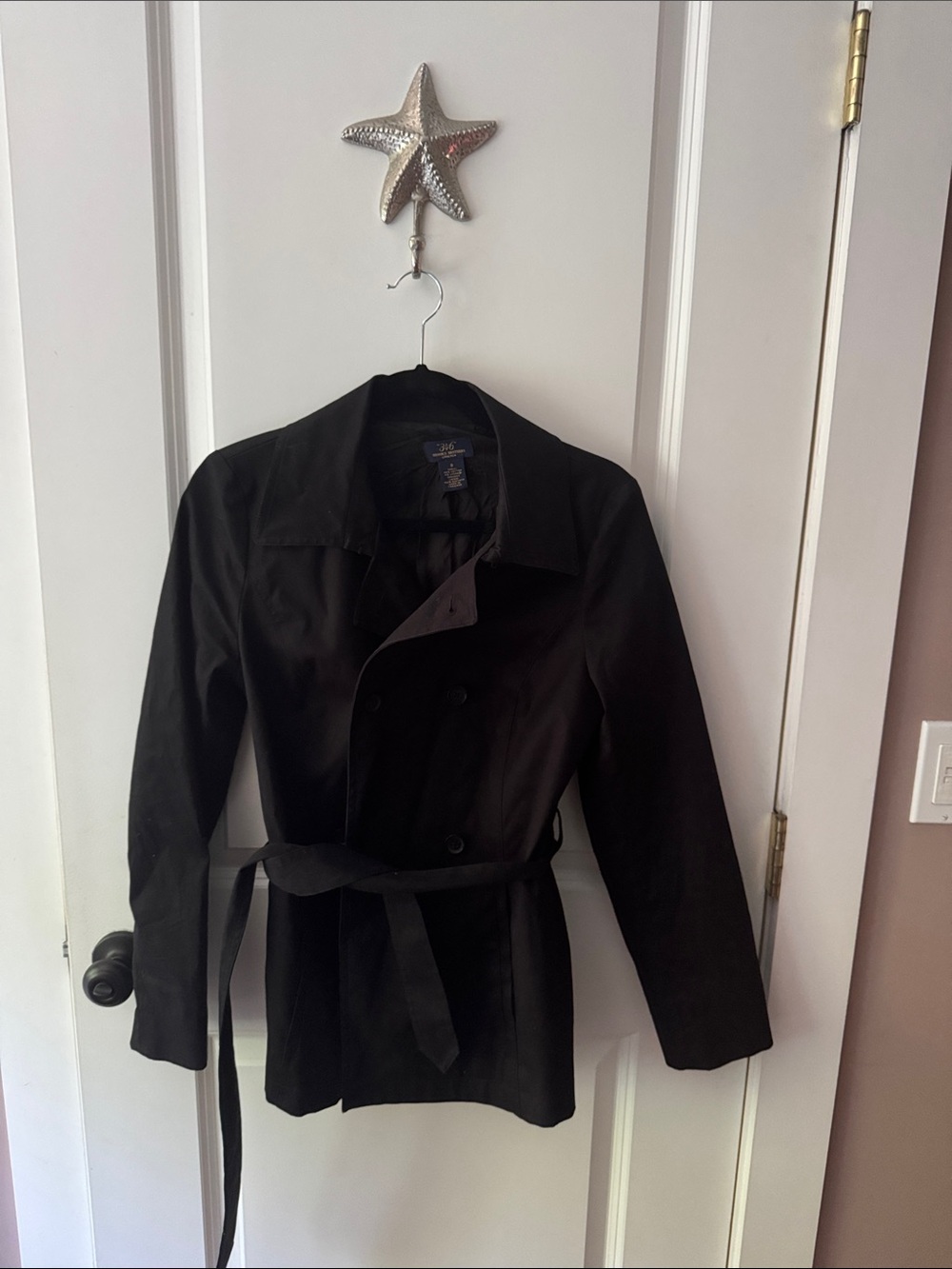 Brooks Brothers Black Double-Breasted Trench Coat with Waist Tie